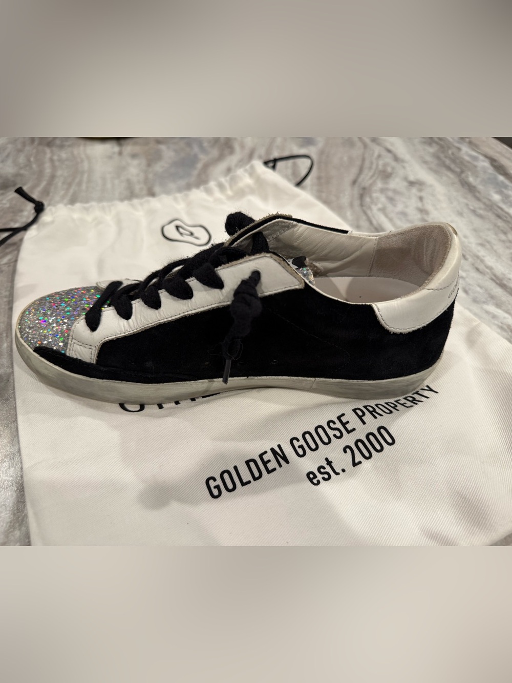 Golden Goose Women's White and Black Sneakers with Silver Glitter - Picture 5 of 7